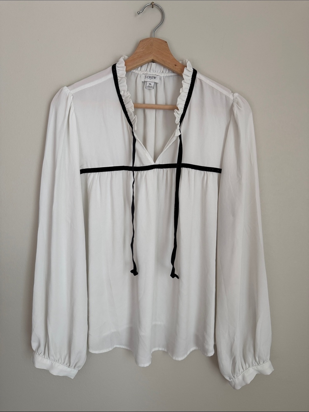 J. Crew White Blouse with Black Ribbon Trim